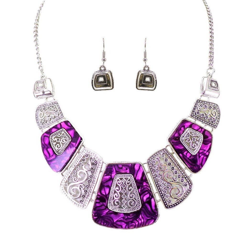 Purple necklace and earring set with scroll designs and purple marble look